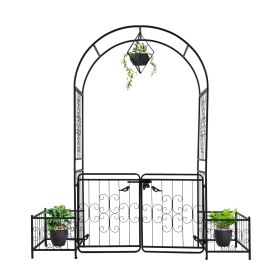 7.2ft Black Iron Garden Arch with Arched Top and Gate Metal Arbor Trellis with Planter Boxes Outdoor Decorative Archway for Climbing Plants Backy