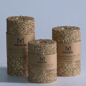 Hand-Poured Granular Texture Decorative Gold Pillar Candles Set of 3 (3"x4", 5", 6"), Approx 300 Hours Burn Time Dripless, Unscented, Smokeless