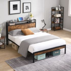 Full Size Metal Platform Bed Frame with Wooden Headboard and Footboard with USB LINER, No Box Spring Needed, Large Under Bed Storage, Easy Assemb