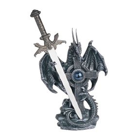 5"H Medieval Silver Dragon with Sword Guardian Figurine Home Decor Gift