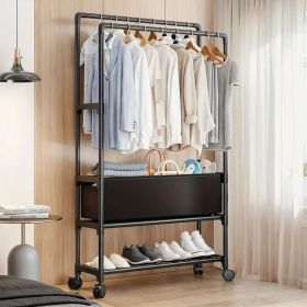 Multifunctional Freestanding Coat Rack with Storage Baskets & Wheels, Metal Garment Organizer with Shoe Rack