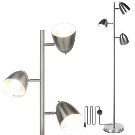 Black Tree Standing Floor Lamp Metal 3 Color Temperature Reading LED Bulb Light 360 Degree Adjustable Individual Separate Switch Living Room Bedroom O (Option: Silver)