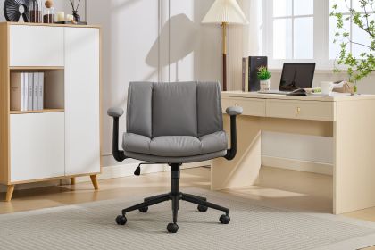 Leather Criss Cross Chair with Flip-Up Armrests, Cross Legged Office Chair on Wheels (Color: GREY)