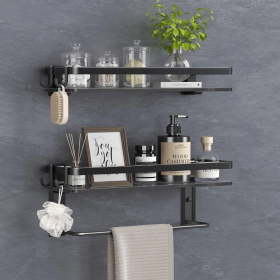 Glass Shelf for Bathroom 15.7 in Bathroom Shelves with Towel Bar Tempered Glass Shelves for Wall(2 Tier) (Color: Black)