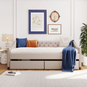 Upholstered daybed with Two Drawers;  Wood Slat Support;  Gray;  Full Size (Color: beige)
