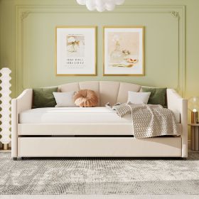 Upholstered Daybed Sofa Bed Twin Size With Trundle Bed and Wood Slat (Color: beige)