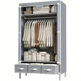 Portable Clothes Closet Rolling Door Wardrobe with Hanging Rack Non-Woven Fabric Storage Organizer with Three Drawer Boxes No-Tool Assembly - 67i (Color: Grey-67in*35.4in*17.7in)
