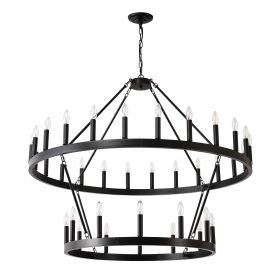 2 Tiers Wagon Wheel Chandelier Wooden Farmhouse 36-Light Black Metal Chandeliers 2-Story Light Fixtures Industrial For High Ceiling Living Dining (Option: Matte Black)
